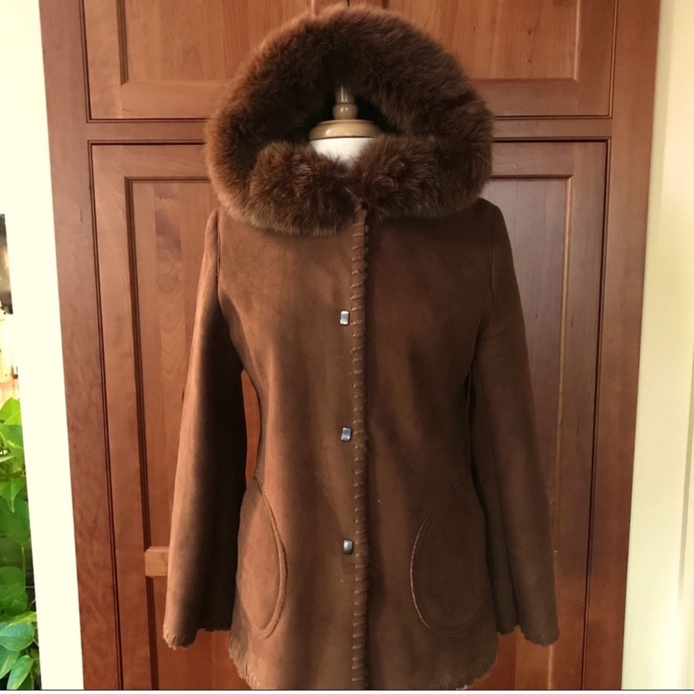 Marvin Richards Women Suede Like Coat Vintage Fox Fur Trim Size S
